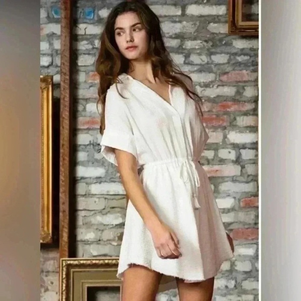 Aakaa White Cotton Gauze Drawstring Tunic Dress Shirt Mini Size S